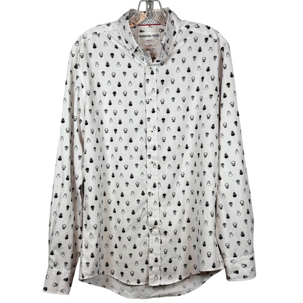 International Report 4-Way Stretch Skull Pattern Button Down Shirt, Size Small